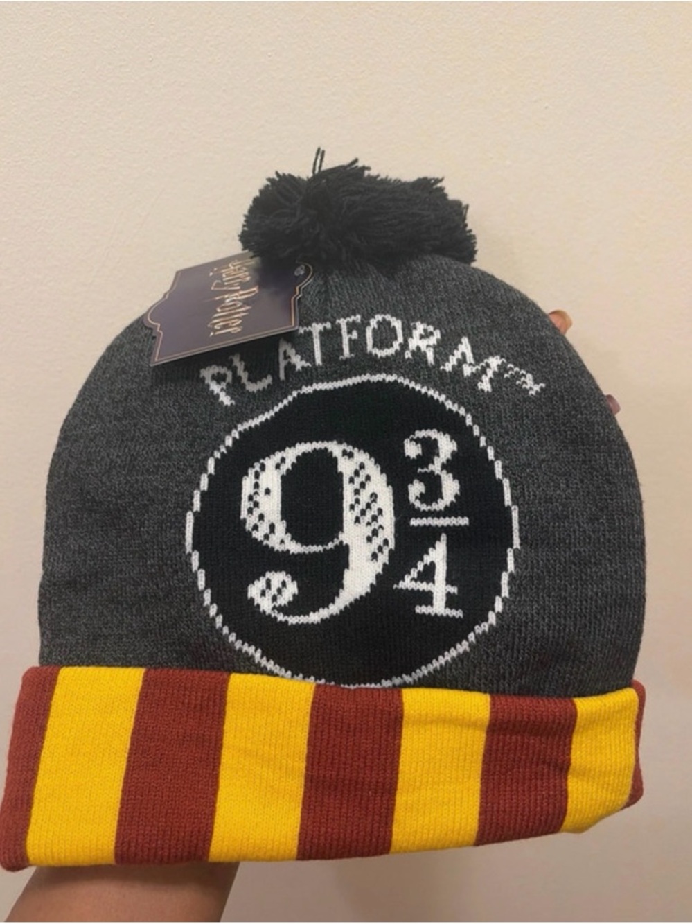 Platform 9 3/4 Pom Beanie with Gryffindor Stripe